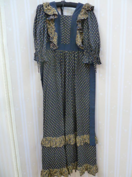 Early 1970s cotton maxi dress, labelled Gina Fratini, made in England, blue cotton with yellow