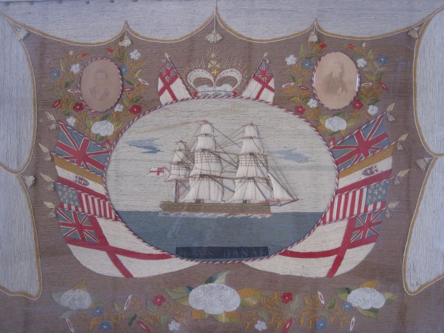 Mariner's woolwork picture of three masted ship in full sail, named 'HMS DANAE' .c 1880's (she was