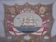 Mariner's woolwork picture of three masted ship in full sail, named 'HMS DANAE' .c 1880's (she was