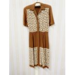 1940's cotton day dress in brown and cream with geometric pattern, shirt collar, short sleeves, hook