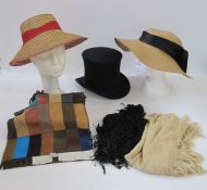 Vintage straw hat with black ribbon bow, another straw hat, a collapsible opera hat in original
