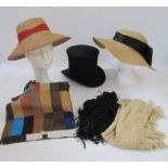 Vintage straw hat with black ribbon bow, another straw hat, a collapsible opera hat in original