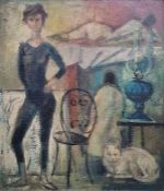 20th century school Oil on canvas Painting of an interior with woman wearing black with white cat,