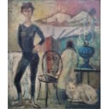 20th century school Oil on canvas Painting of an interior with woman wearing black with white cat,