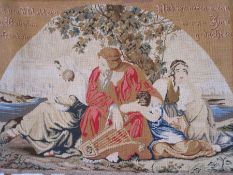19th century needlepoint embroidery of biblical scene, titles in German gothic script, 'Exile from
