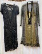 1920's net and gold lame evening gown, the net printed with a gilt floral pattern, the collar and