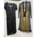 1920's net and gold lame evening gown, the net printed with a gilt floral pattern, the collar and