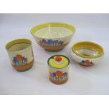 Quantity of Clarice Cliff 'Autumn Crocus' pattern to include bowl 20.5cm diameter, cylindrical jam