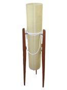 Mid-century Rocket floor lamp possibly by Novoplast, teak tripod frame with fiberglass shade,