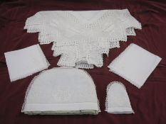 Embroidered cotton breakfast set comprising tea cosy, egg cosy, two napkins, a breakfast table cloth