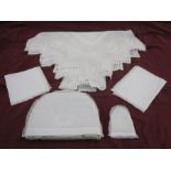 Embroidered cotton breakfast set comprising tea cosy, egg cosy, two napkins, a breakfast table cloth