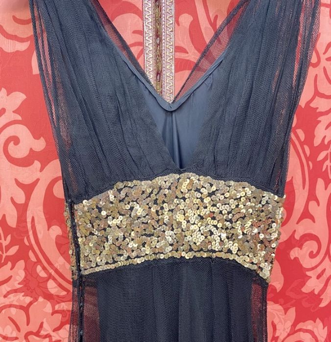 1930's black net and satin evening gown, sleeveless, broad sequinned waist band, side zip, the - Image 2 of 7