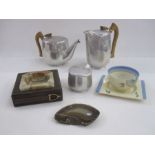 Picquot Ware pewter three piece tea set, a Biarritz art deco cup & saucer an onyx ashtray and onyx