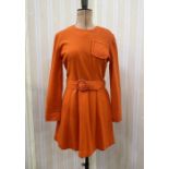 Mary Quant orange wool mini dress, breast pocket, belt with circular buckle, full length sleeves,