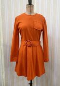 Mary Quant orange wool mini dress, breast pocket, belt with circular buckle, full length sleeves,