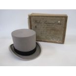 Grey top hat labelled 'Lincoln Bennett, Moss Bros', in original box