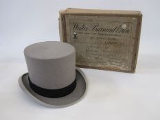 Grey top hat labelled 'Lincoln Bennett, Moss Bros', in original box