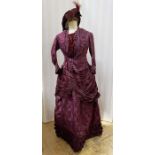 Victorian damask and satin walking dress with bustle, fitted bodice, boned, pleated and tiered hem