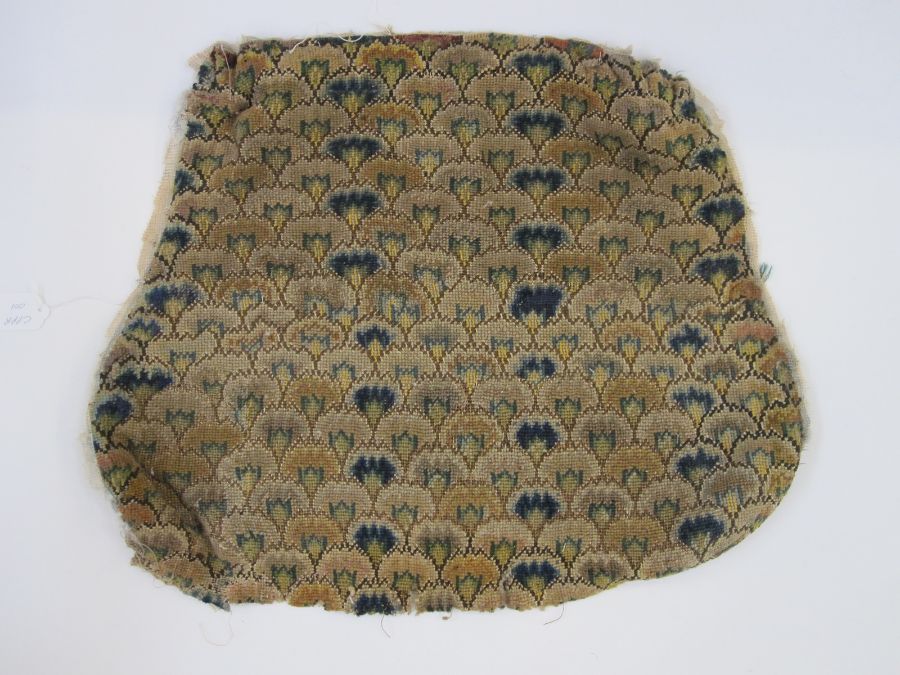 Two antique needlepoint chair covers with a recurring blue, green, yellow and brown fan-type pattern - Image 5 of 6