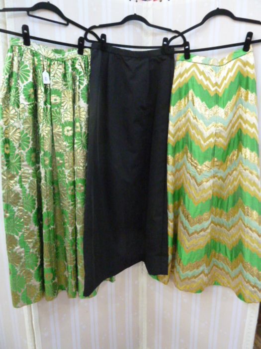 Flory Miami full-length skirts, all 24", a green and gold lame flowered full skirt, a green and gold