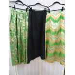 Flory Miami full-length skirts, all 24", a green and gold lame flowered full skirt, a green and gold