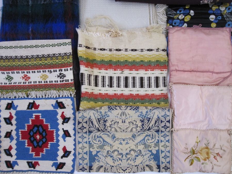 Hand-made brightly-coloured squared patchwork quilt (unsown edges) together with other fabric items, - Image 5 of 6