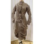 Late Victorian cotton walking dress with smocked front panel, ruched hem, would be worn with a
