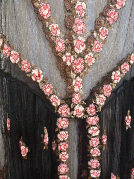 French 1920's museum quality black net flapper dress,  embroidered with tiny beads in pink, red, - Image 2 of 9