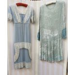 Edwardian pale blue dress with lace detail to the bodice, neckline and sleeves, with bugle bead