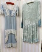 Edwardian pale blue dress with lace detail to the bodice, neckline and sleeves, with bugle bead