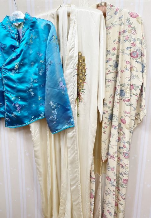 1920's(?) Japanese-style kimono, lacking obi, with a cream satin Chinese-style dressing gown with