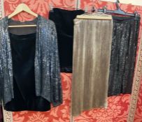 Vintage Krizia gold lame pleated skirt, a black unnamed sequin skirt with elasticated waist, a black