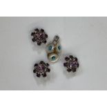 Three gold-backed mother-of-pearl with central turquoise bead dress studs and three paste vintage