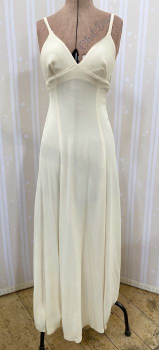 Ossie Clark for Radley, a cream moss crepe full length dress, with spaghetti strap detail tying at
