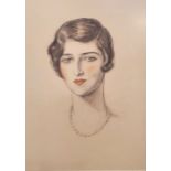 20th century school Pencil, charcoal and watercolour  Portrait of a young woman wearing pearls,