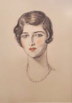 20th century school Pencil, charcoal and watercolour  Portrait of a young woman wearing pearls,
