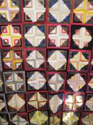 Hand-made brightly-coloured squared patchwork quilt (unsown edges) together with other fabric items,