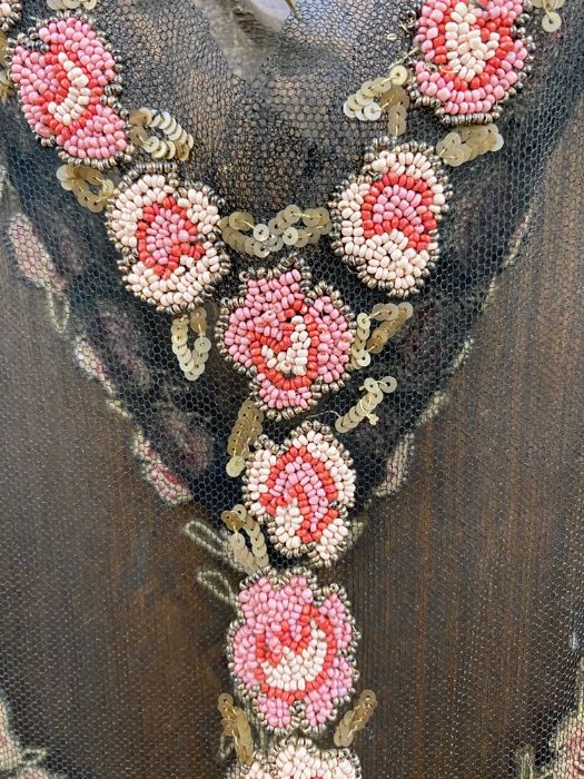 French 1920's museum quality black net flapper dress,  embroidered with tiny beads in pink, red, - Image 3 of 9