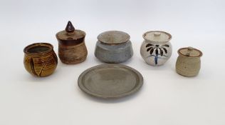 Three pieces of Robert Tinnyunt (b.1940) to include a stoneware lidded jar with iron and cobalt
