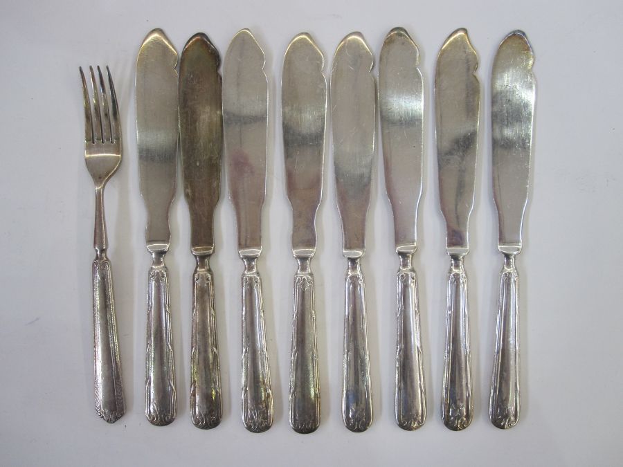 Austrian 'Handgeschmiedet' hand-beaten silver coloured metal flatware, stamped 800 and hallmarked, - Image 5 of 6