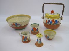 Quantity of Clarice Cliff 'Autumn Crocus' pattern items to include biscuit barrel with cane handles,