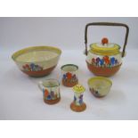 Quantity of Clarice Cliff 'Autumn Crocus' pattern items to include biscuit barrel with cane handles,