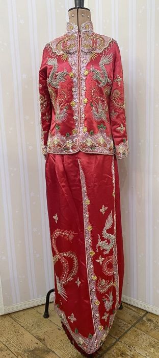 Modern Oriental style embroidered red satin full-length skirt and jacket, heavily embroidered with