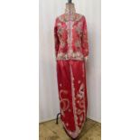 Modern Oriental style embroidered red satin full-length skirt and jacket, heavily embroidered with