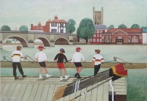 Alfred Daniels (1924-2015) Acrylic and watercolour on board "Henley Church Bridge and Oarsmen",
