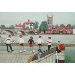 Alfred Daniels (1924-2015) Acrylic and watercolour on board "Henley Church Bridge and Oarsmen",