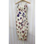 A 1940s/50s evening gown, strapless, boned, cream, printed with purple and pink roses, the hemline