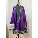 Antique Chinese robe in purple with a turquoise lining and dark green band, deep sleeves with