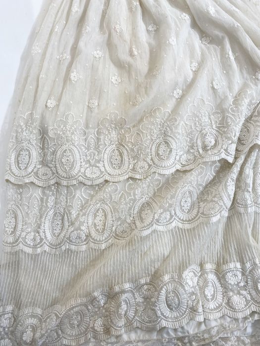 Edwardian cream lace dress with embroidered overskirt, embroidered hem, double sleeves with hook and - Image 7 of 9