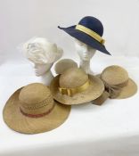 Vintage hats, three straw hats and a blue linen hat (1 box)  Condition ReportStraw generally fraying